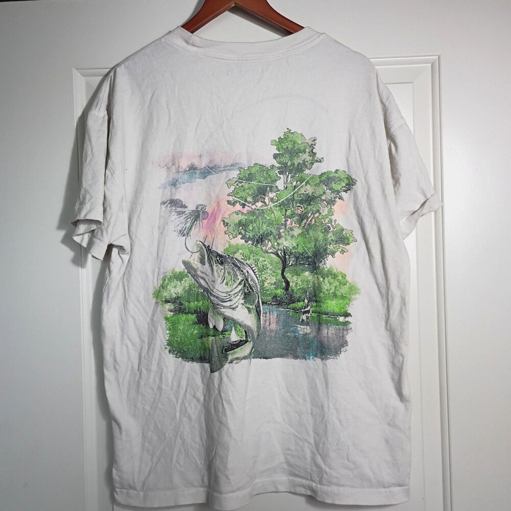Abercrombie & Fitch White Graphic Fishing Tee with Green and Pink Scene